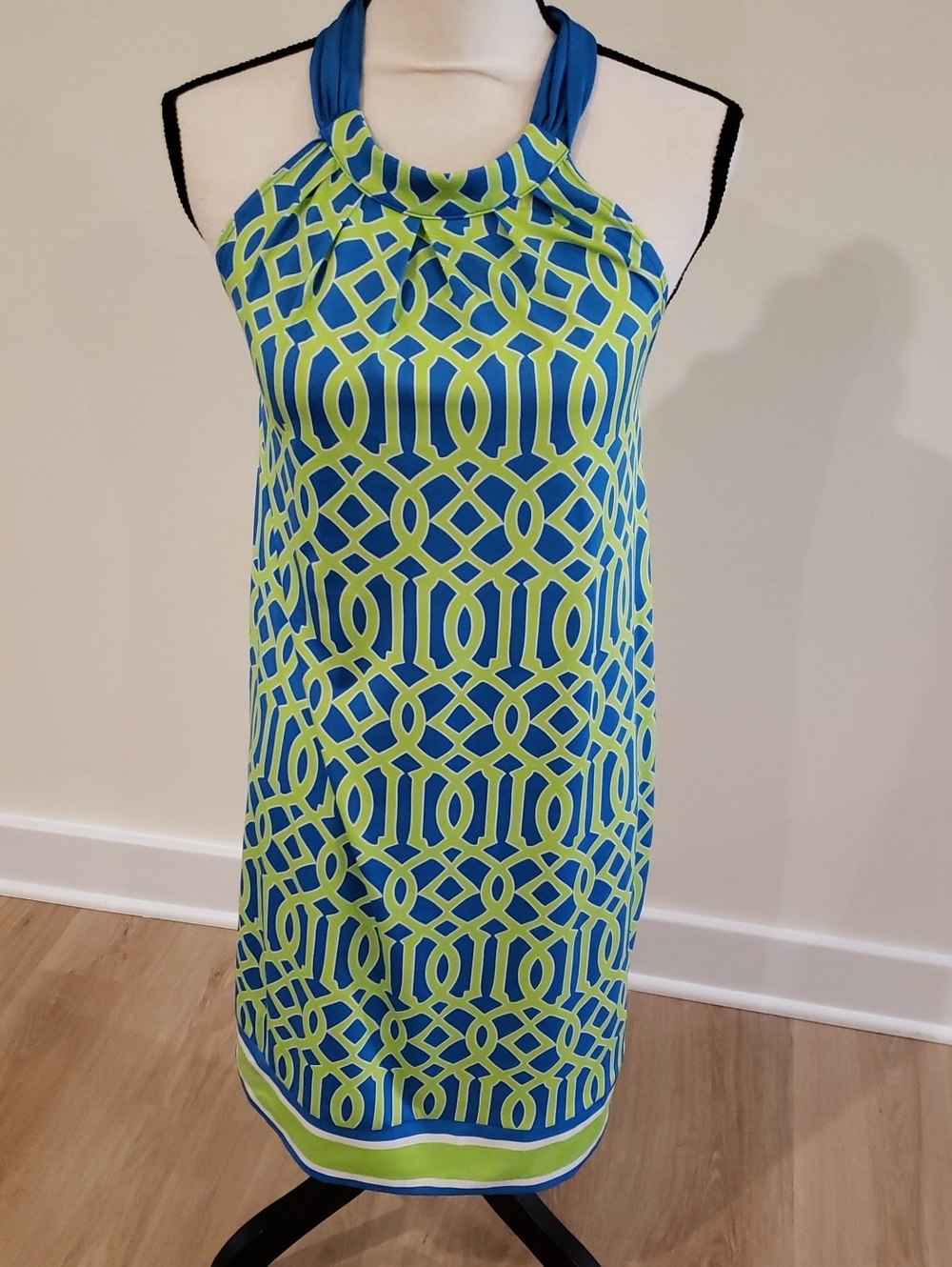 Geometric Blue & Lime Halter Shift Dress Mudpie
